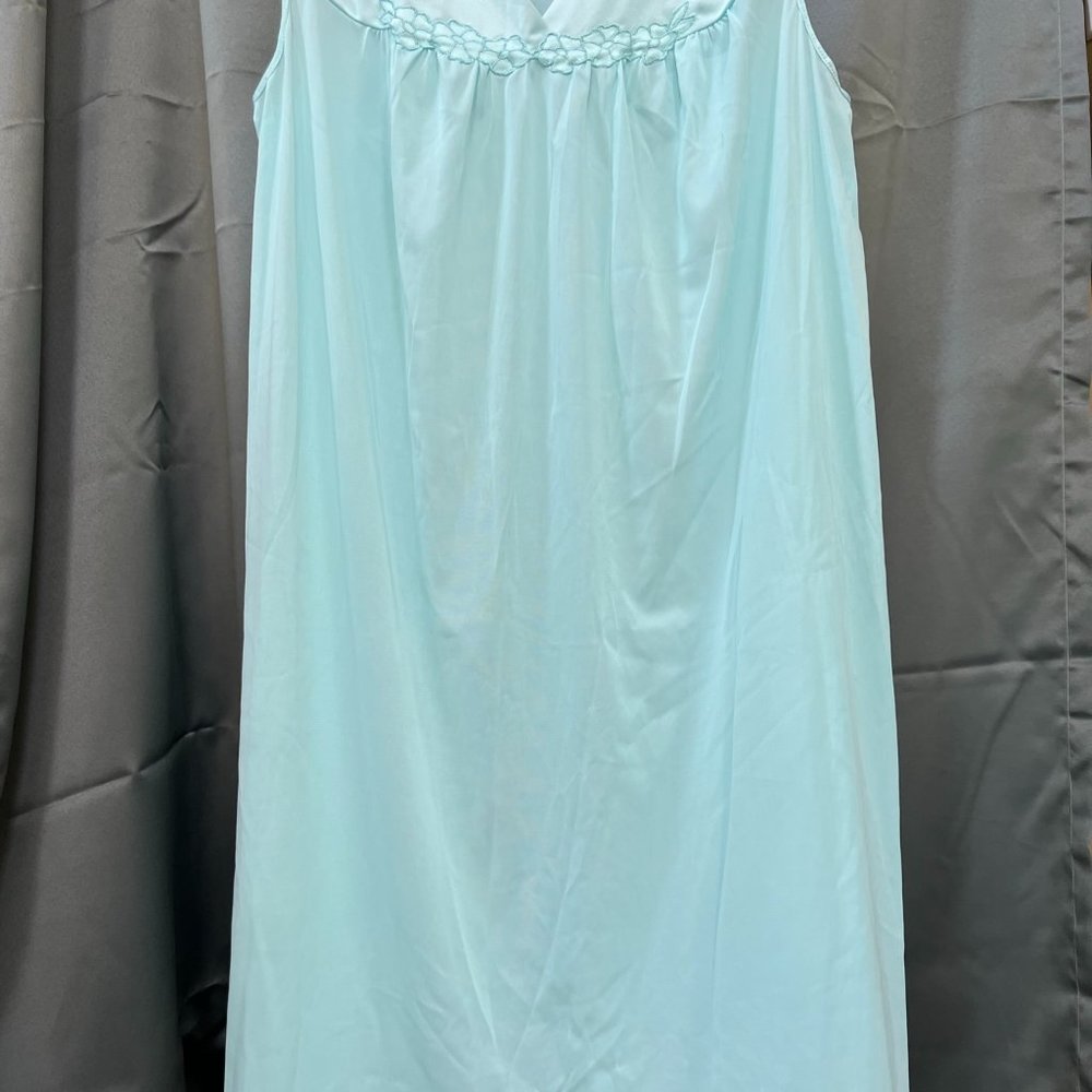 Vintage Vanity Fair Baby Blue Sheer Nylon Nightgown Floral Trim Size XL